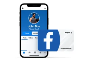Facebook NFC card in front of a mobile screen displaying a fitness coach profile