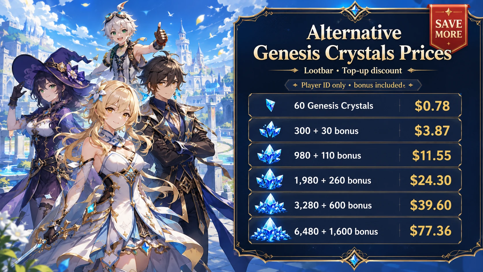 Alternative Genesis Crystals prices with Lootbar top-up discount and bonus included