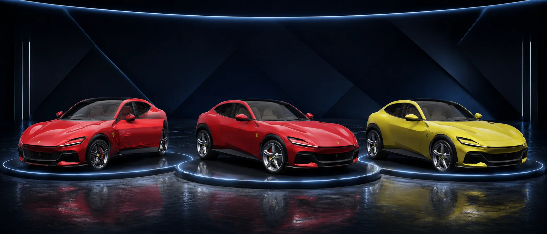 Three Ferrari Purosangue skins displayed in a modern showroom for the PUBG Mobile Ferrari collaboration