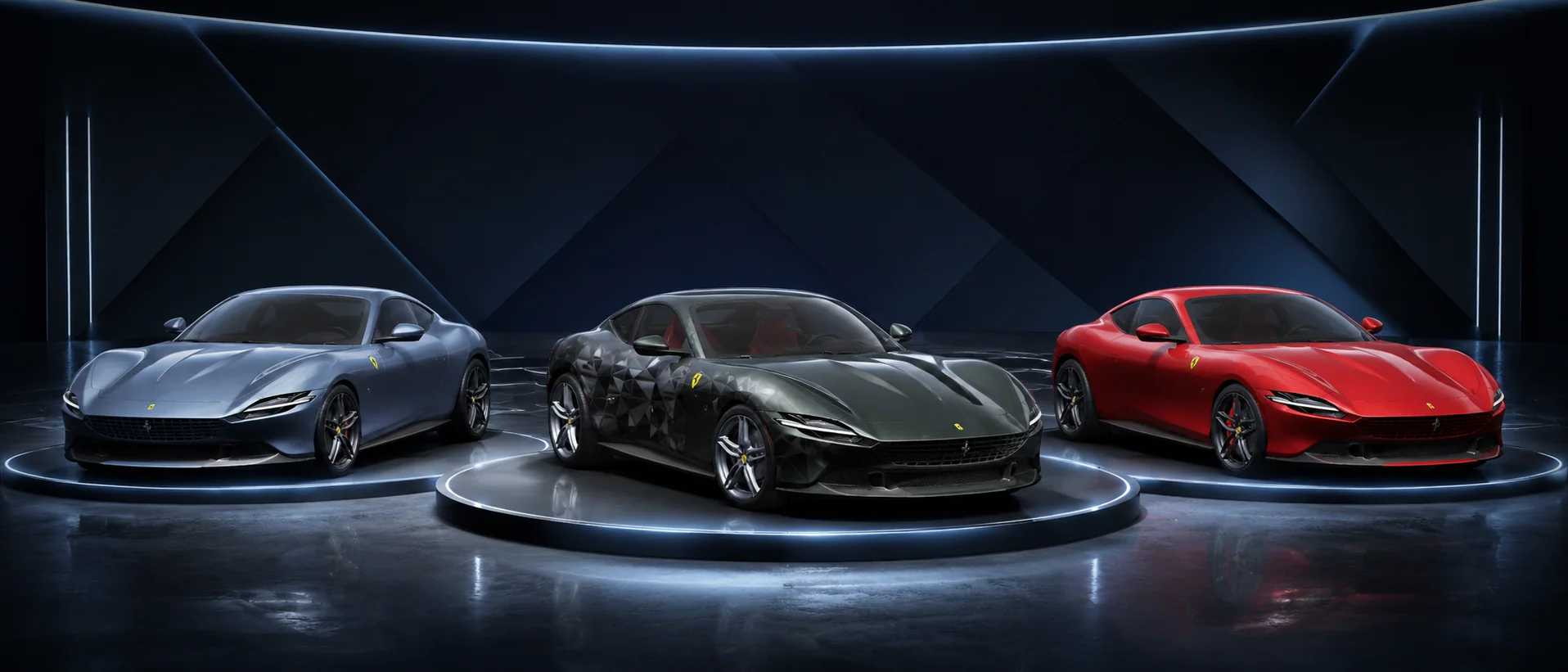Three Ferrari Roma skins displayed in a modern showroom for the PUBG Mobile Ferrari collaboration