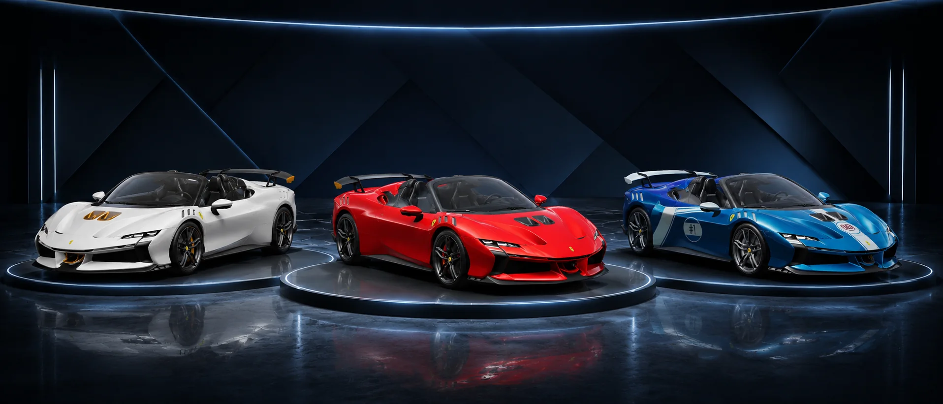 Three Ferrari SF90 XX Spider skins displayed in a modern showroom for the PUBG Mobile Ferrari collaboration