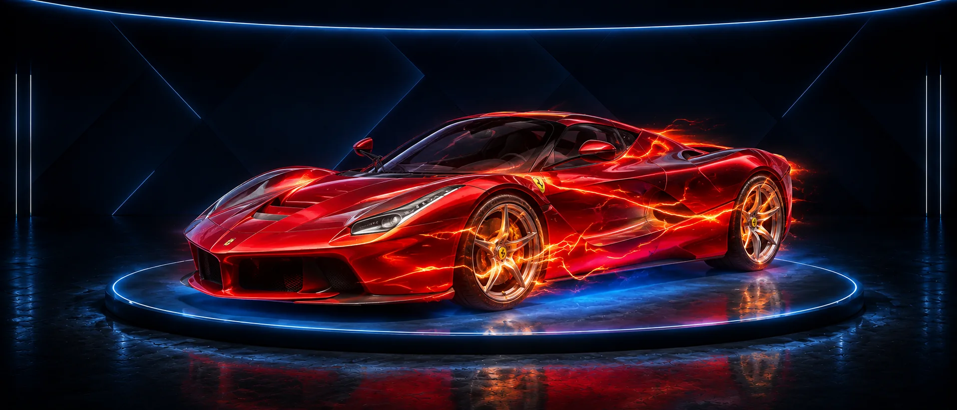 LaFerrari Masterpiece displayed in a modern futuristic showroom with glowing energy effects
