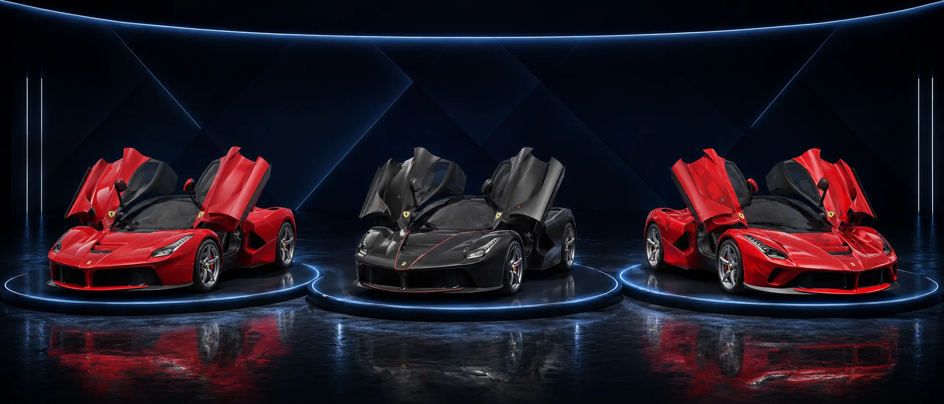 Three LaFerrari skins displayed in a modern showroom for the PUBG Mobile Ferrari collaboration